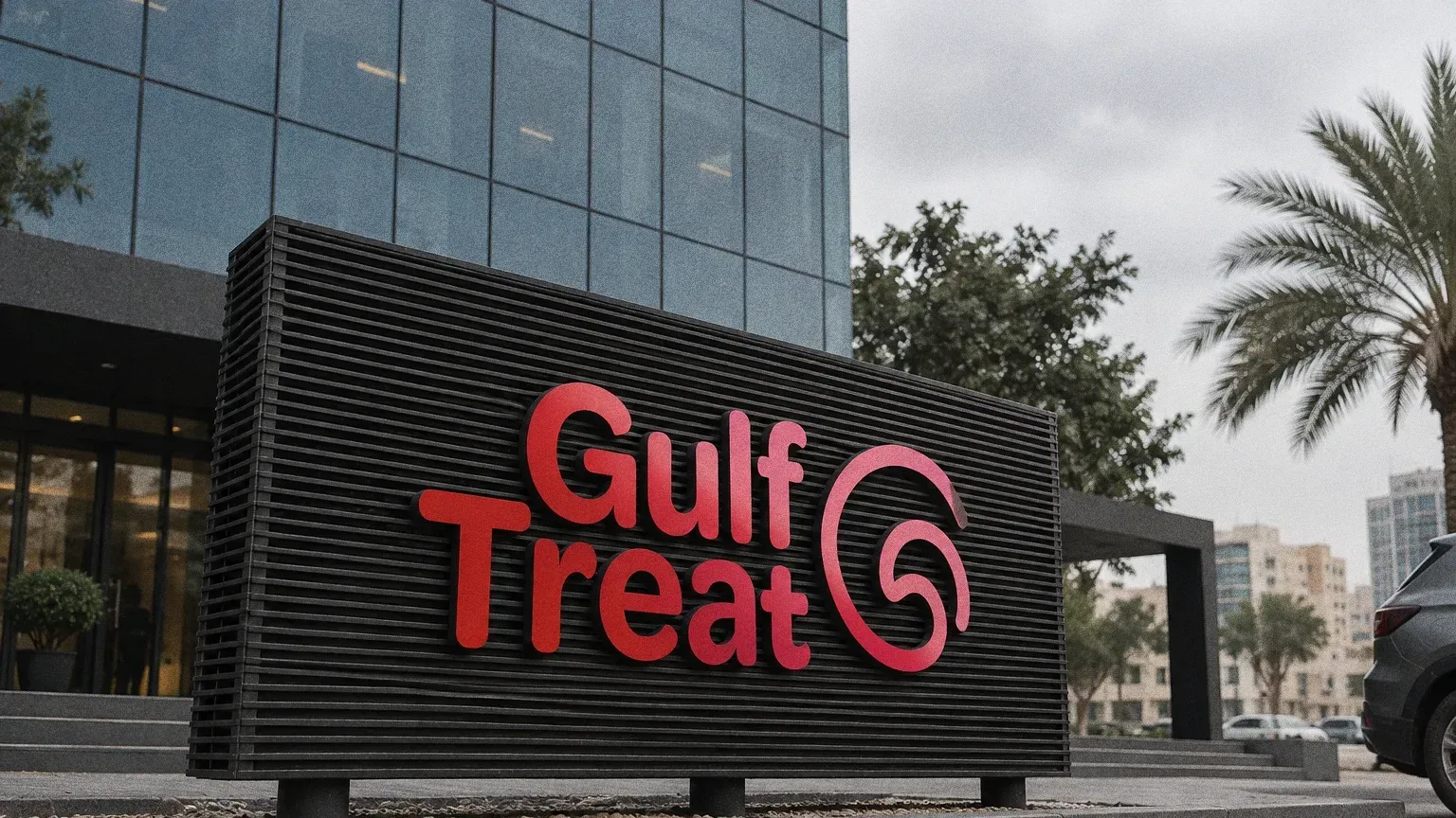 A black louvered Gulf Treat sign with glossy red letters and the swirl symbol in front of a glass tower at dusk.