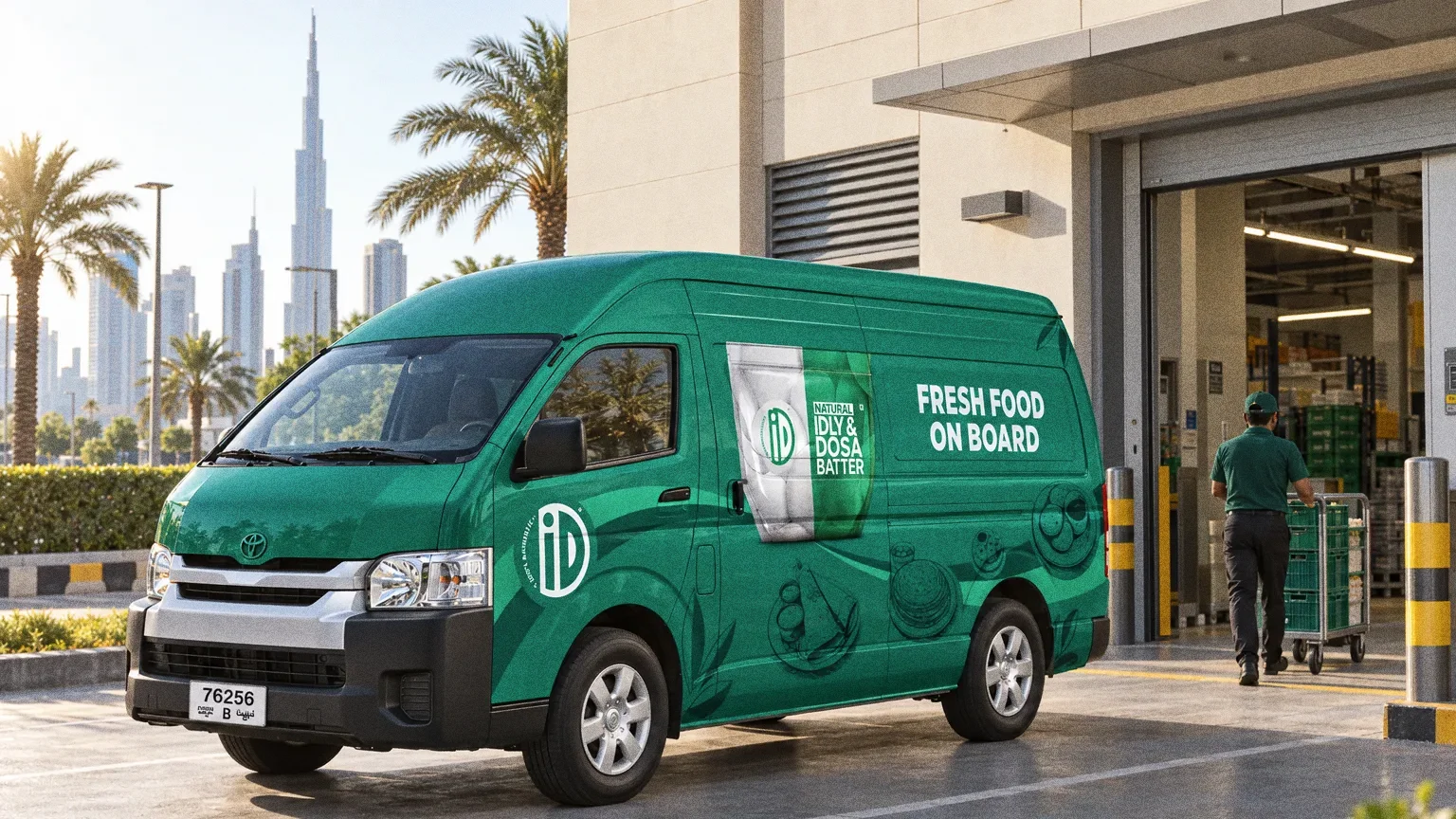 The deep green iD Fresh Food van at a supermarket back entrance while the driver wheels chilled crates to the door.