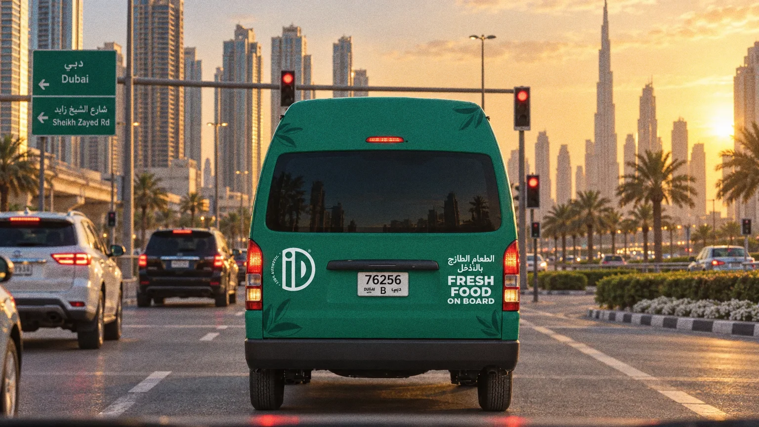 The rear of the iD Fresh Food van at a Dubai traffic light at golden hour, seen from the car behind.