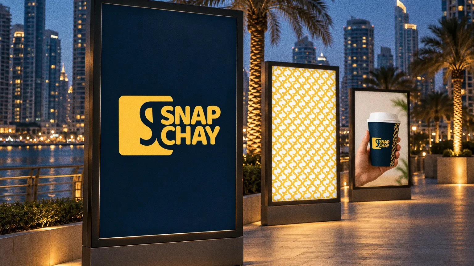 Three backlit street posters on a clean Dubai Marina promenade at blue hour: the yellow Snap Chay logo on navy, the yellow S pattern, and a hand holding a navy cup.