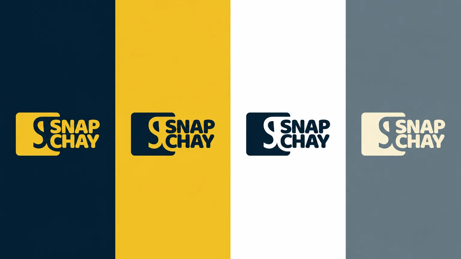 Four vertical panels in navy, yellow, white and slate grey, each carrying the Snap Chay logo in the version that reads on that colour.