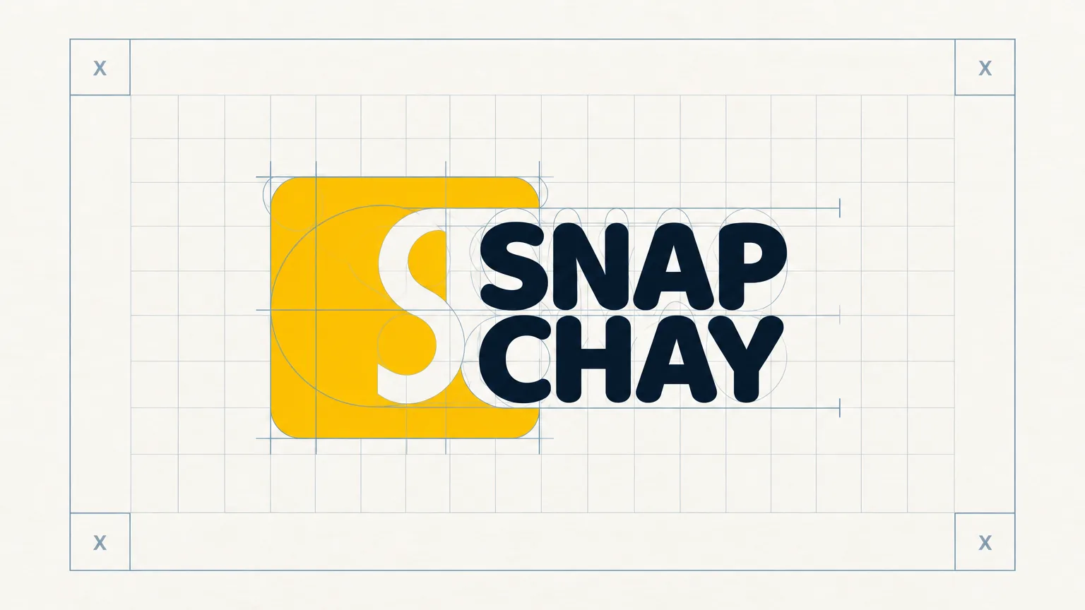 The Snap Chay logo shown large on a pale paper ground with thin construction lines, circles, a modular grid and a clear-space frame built from a unit x.