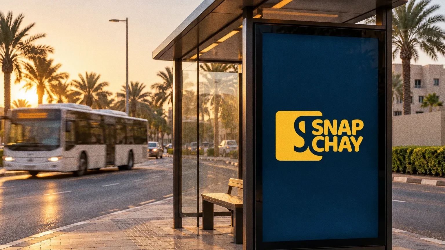 A backlit bus shelter poster with the yellow Snap Chay logo on navy on an Al Barsha roadside at golden hour, with a bench and a passing bus.