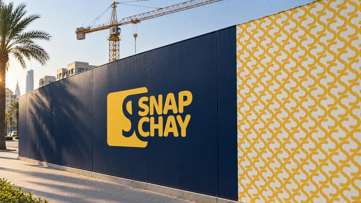 A new construction-site hoarding wrapped in printed vinyl showing the yellow Snap Chay logo on navy and the yellow pattern panel, with a crane behind in late afternoon light.
