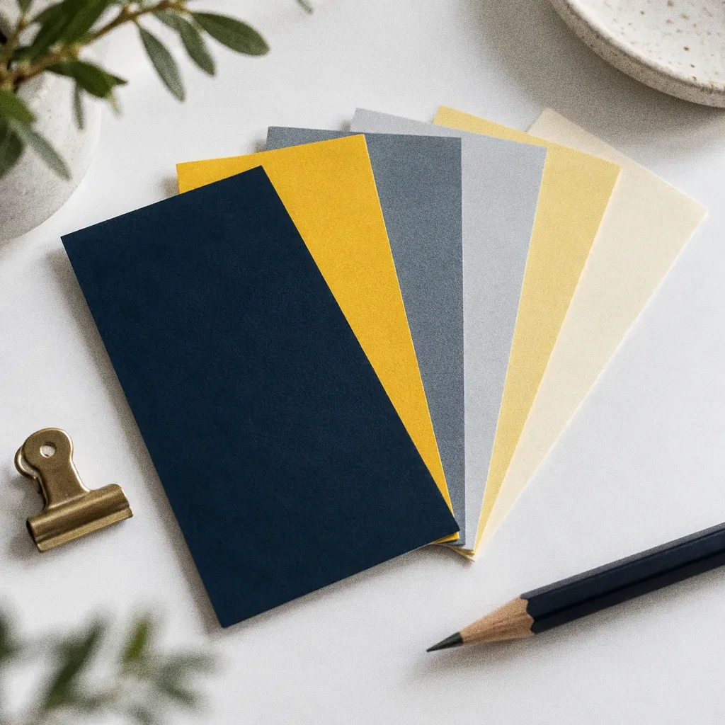 A fan of paper swatches in navy, bright yellow, blue grey, light grey, pale yellow and cream on a clean white table with a pencil and a brass clip.