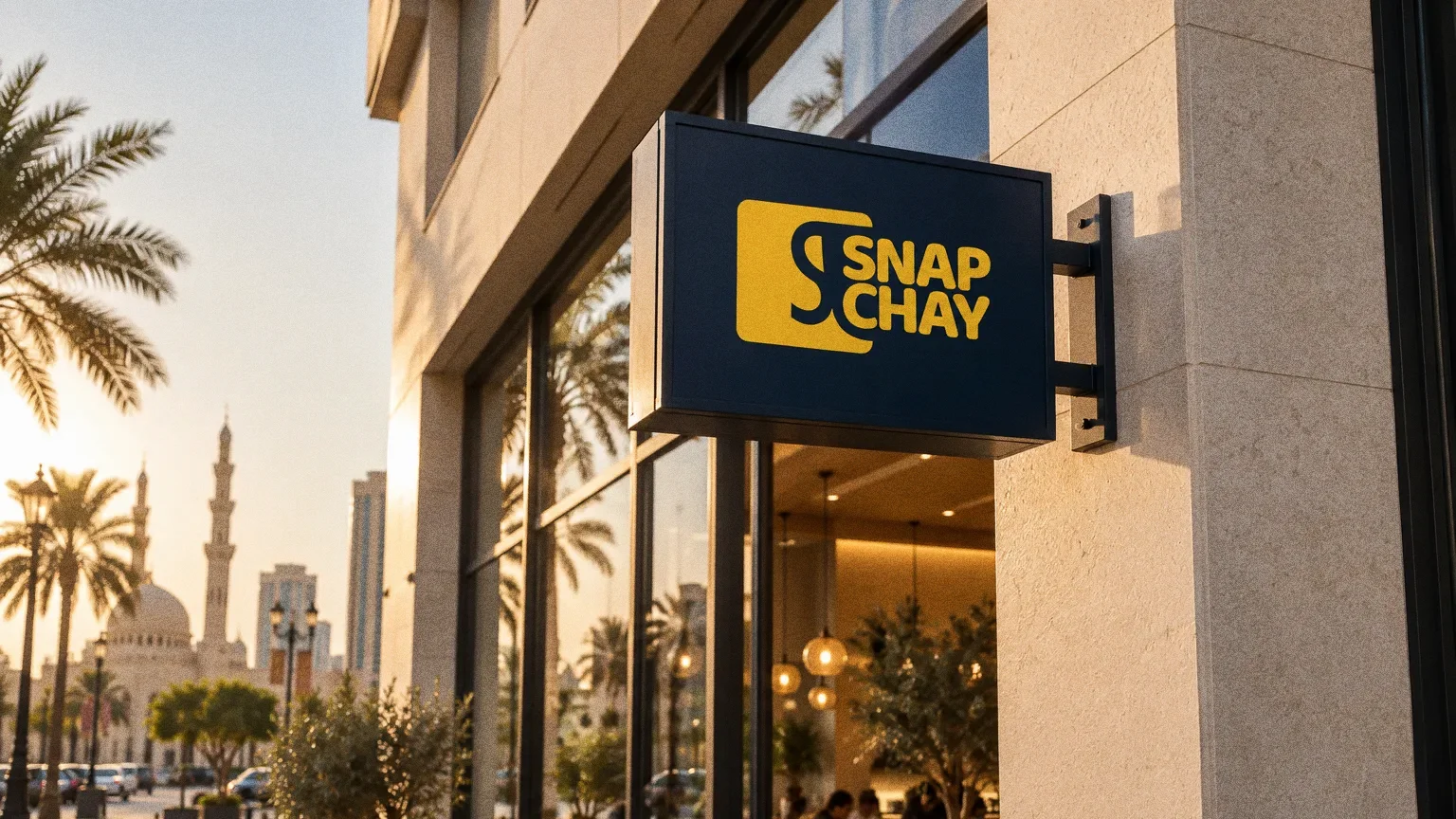 A navy blade sign with the yellow Snap Chay logo projecting from a limestone cafe facade on a tidy street at golden hour, with the warm cafe interior behind the glass.