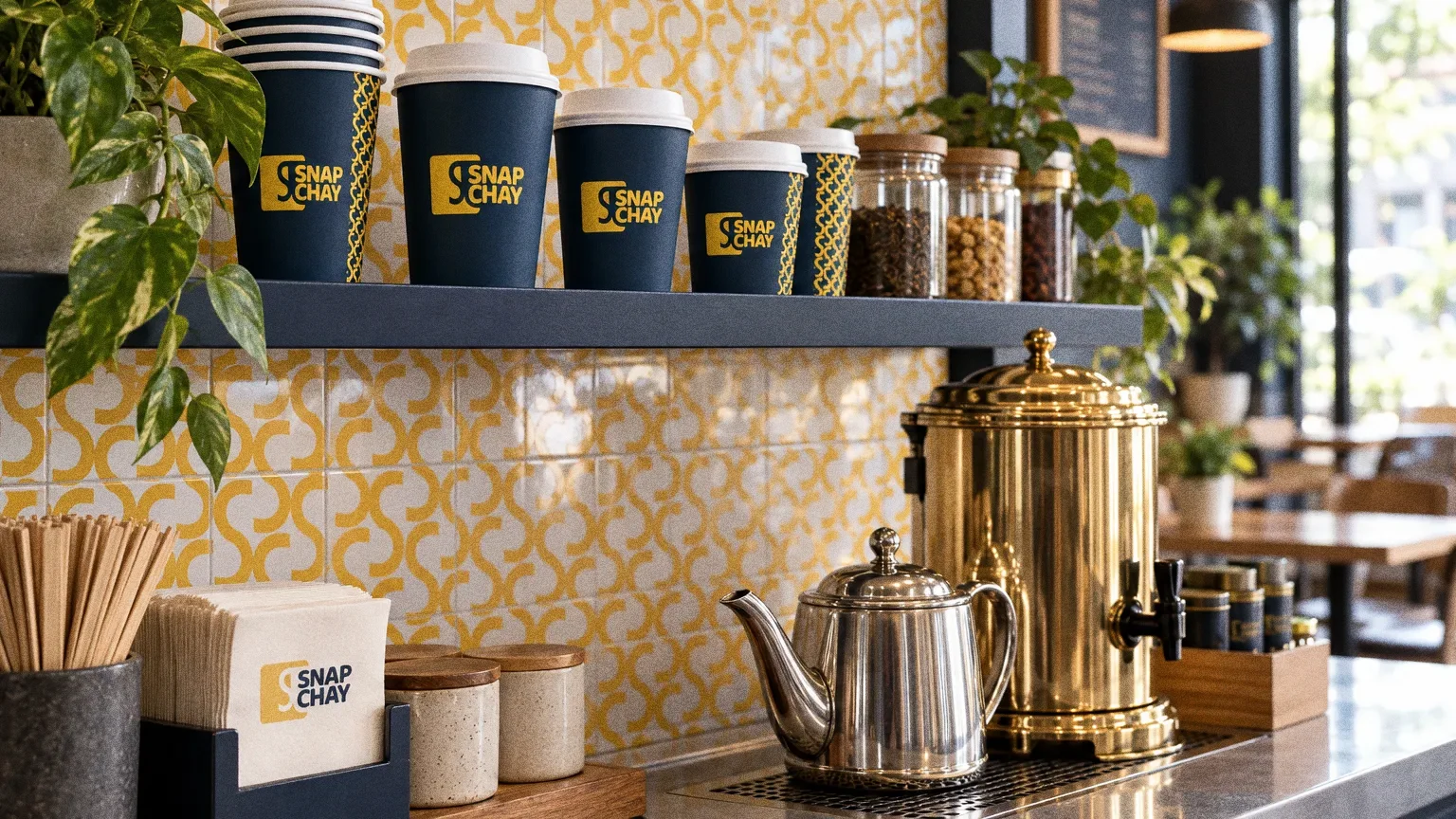 A tea counter with a yellow pattern tiled wall, a navy shelf of Snap Chay cups, a polished brass urn and a steel teapot in a bright, tidy cafe.