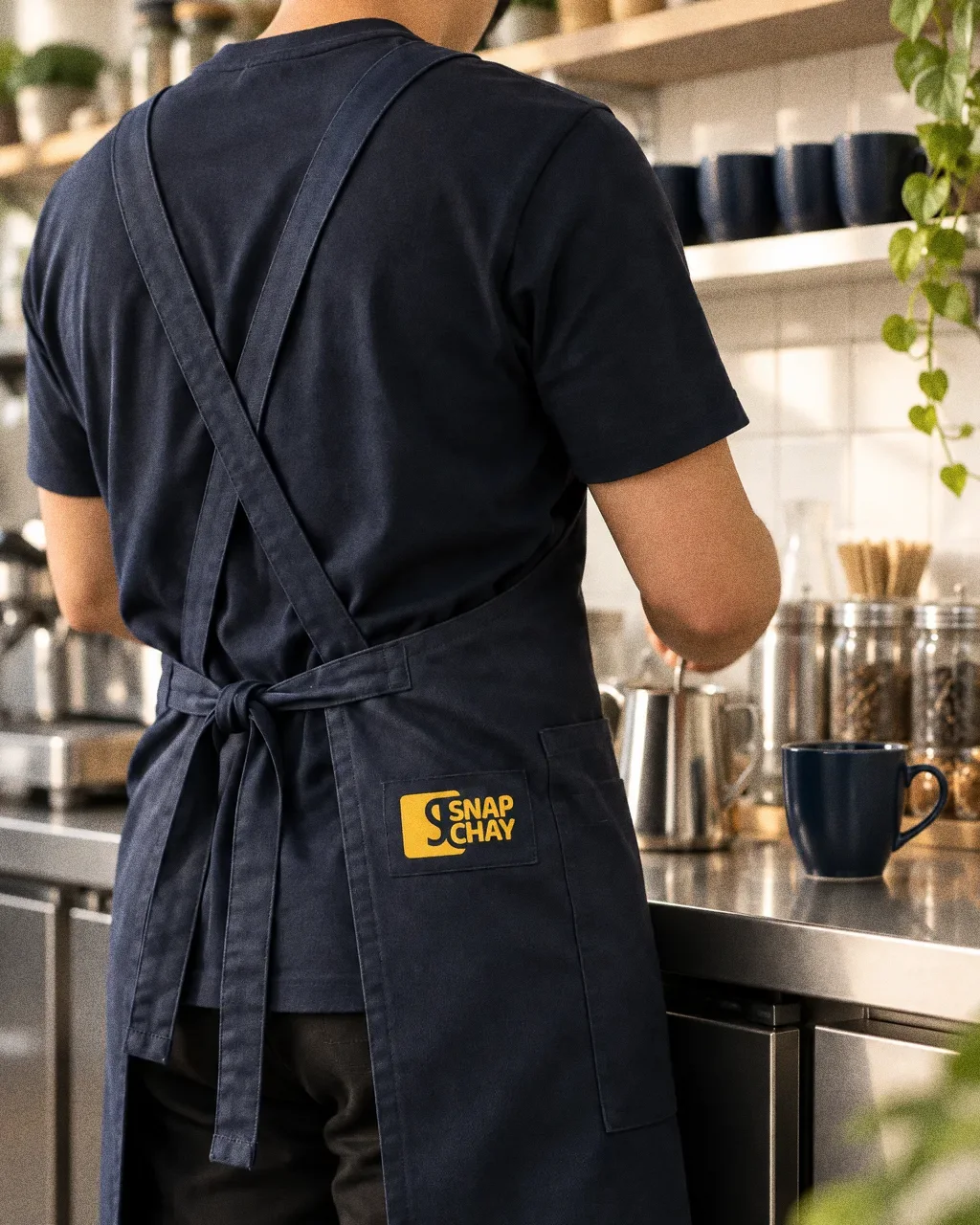 A barista seen from behind at a clean counter wearing a navy apron with the yellow Snap Chay logo patch on the pocket, no face visible.