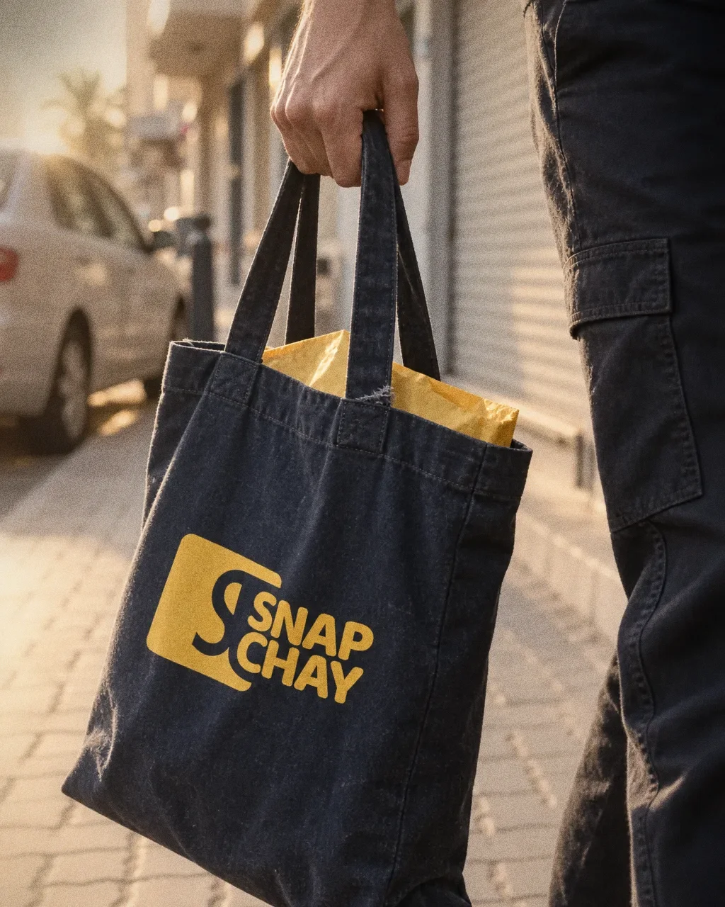 A navy canvas tote with the yellow Snap Chay logo hanging from a hand on a Karama pavement, with a stack of boxes inside and a blurred shop front.