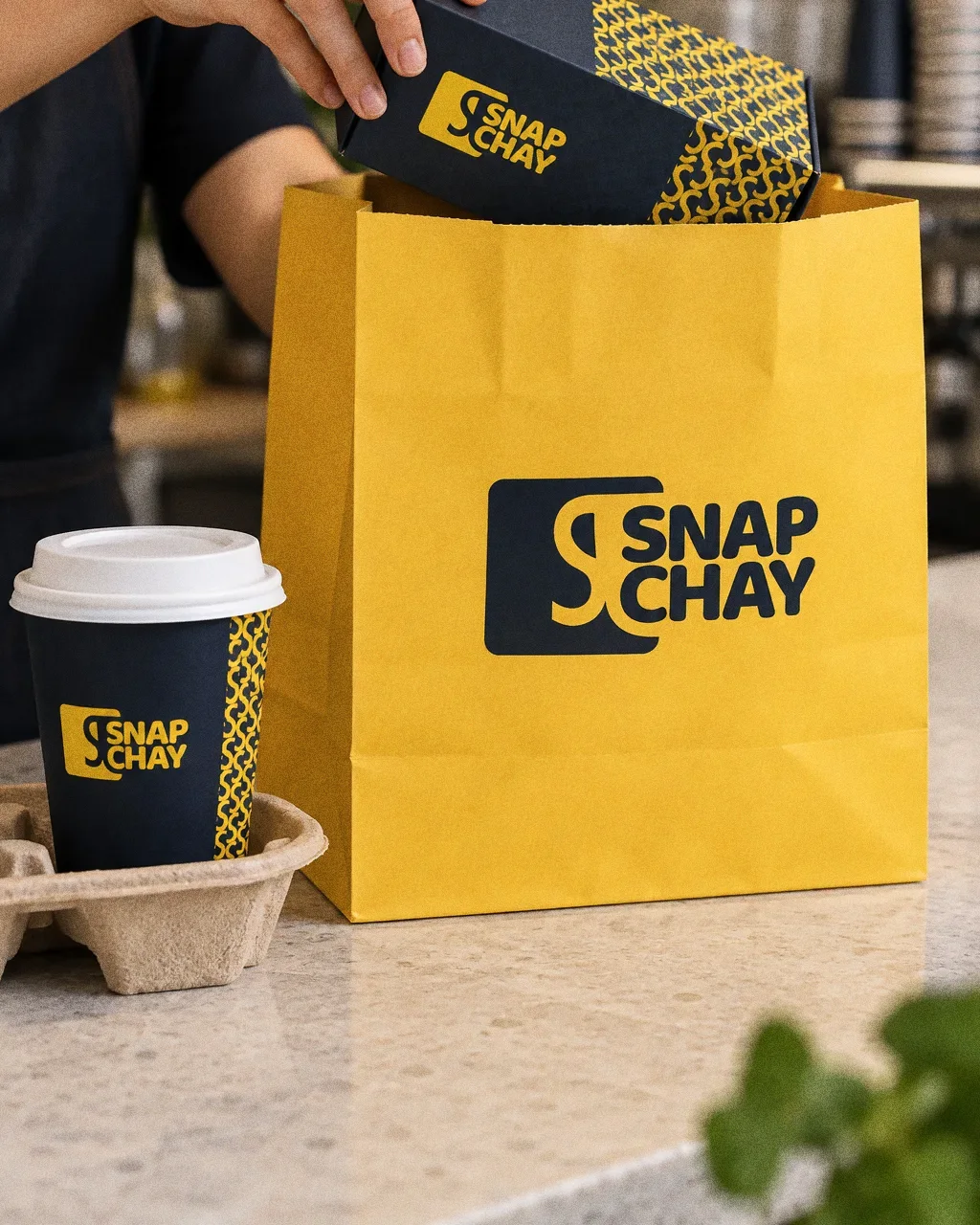 A hand lowering a navy takeaway box with a yellow pattern band into a yellow paper bag with the Snap Chay logo on a clean stone counter, with a navy cup in a carrier beside it.