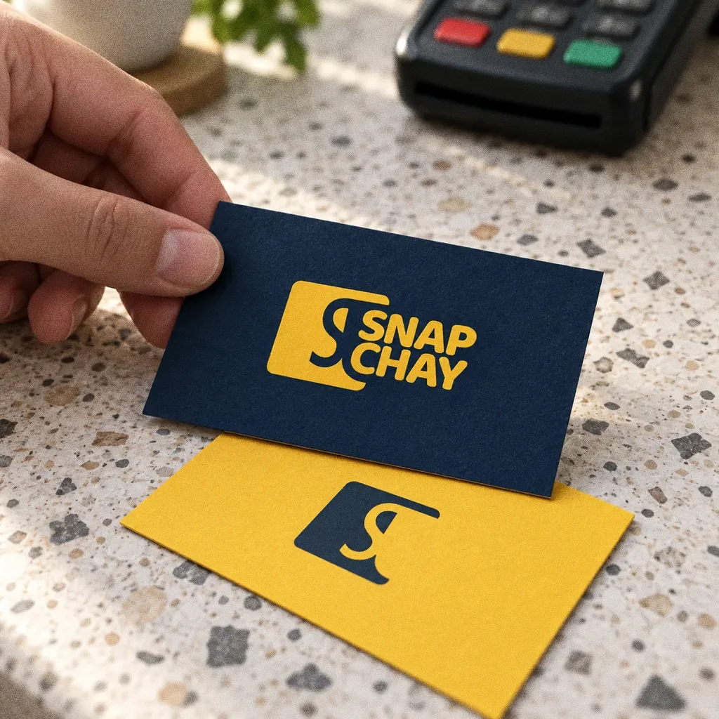 A navy Snap Chay business card laid onto a yellow card on a clean terrazzo cafe counter, with a card terminal softly blurred behind.
