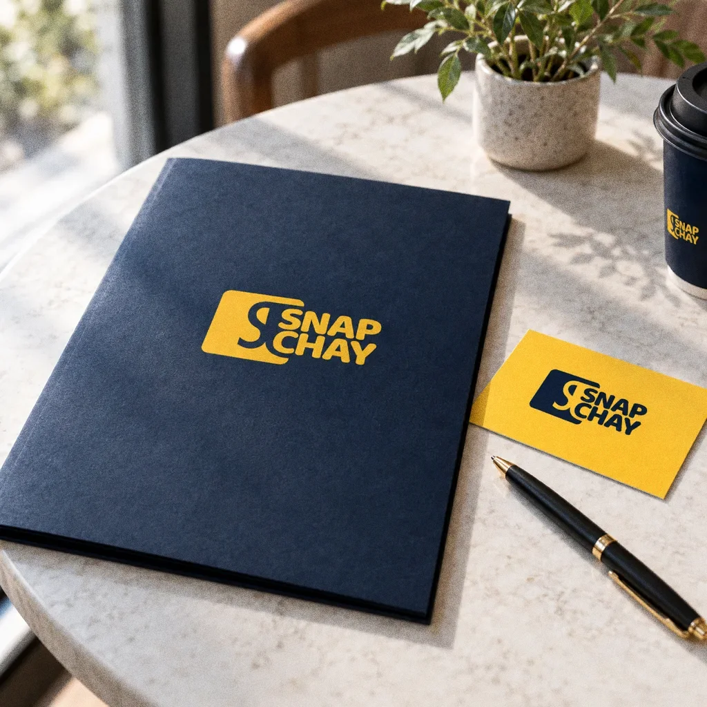 A navy menu folder with the yellow Snap Chay logo and a yellow compliment card with a pen on a pale stone cafe table by a window, with a navy cup at the edge.