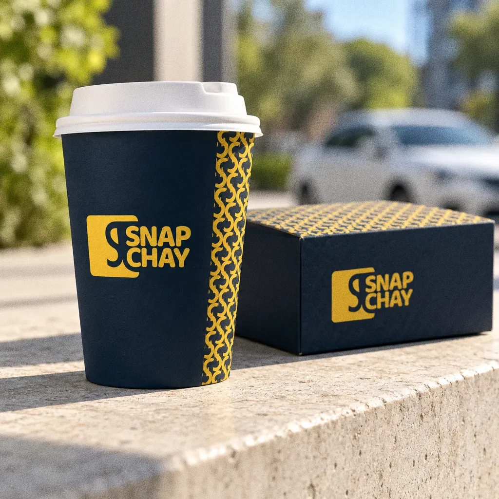 A navy Snap Chay cup and takeaway box on a pale stone ledge in bright morning sun, with a car softly blurred behind.