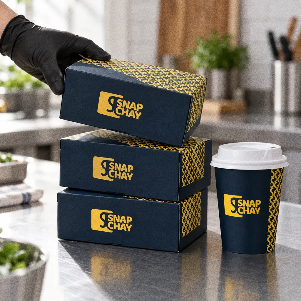 A black-gloved hand lifting the top box from a stack of three navy Snap Chay boxes beside a navy cup on a clean steel kitchen counter.
