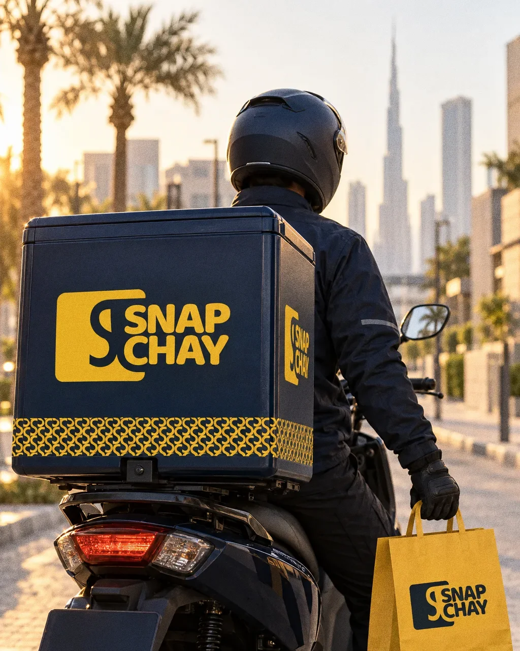 A rider seen from behind on a new scooter with a navy Snap Chay delivery box carrying the large yellow logo and pattern band, holding a yellow Snap Chay paper bag on a clean Dubai street at golden hour.