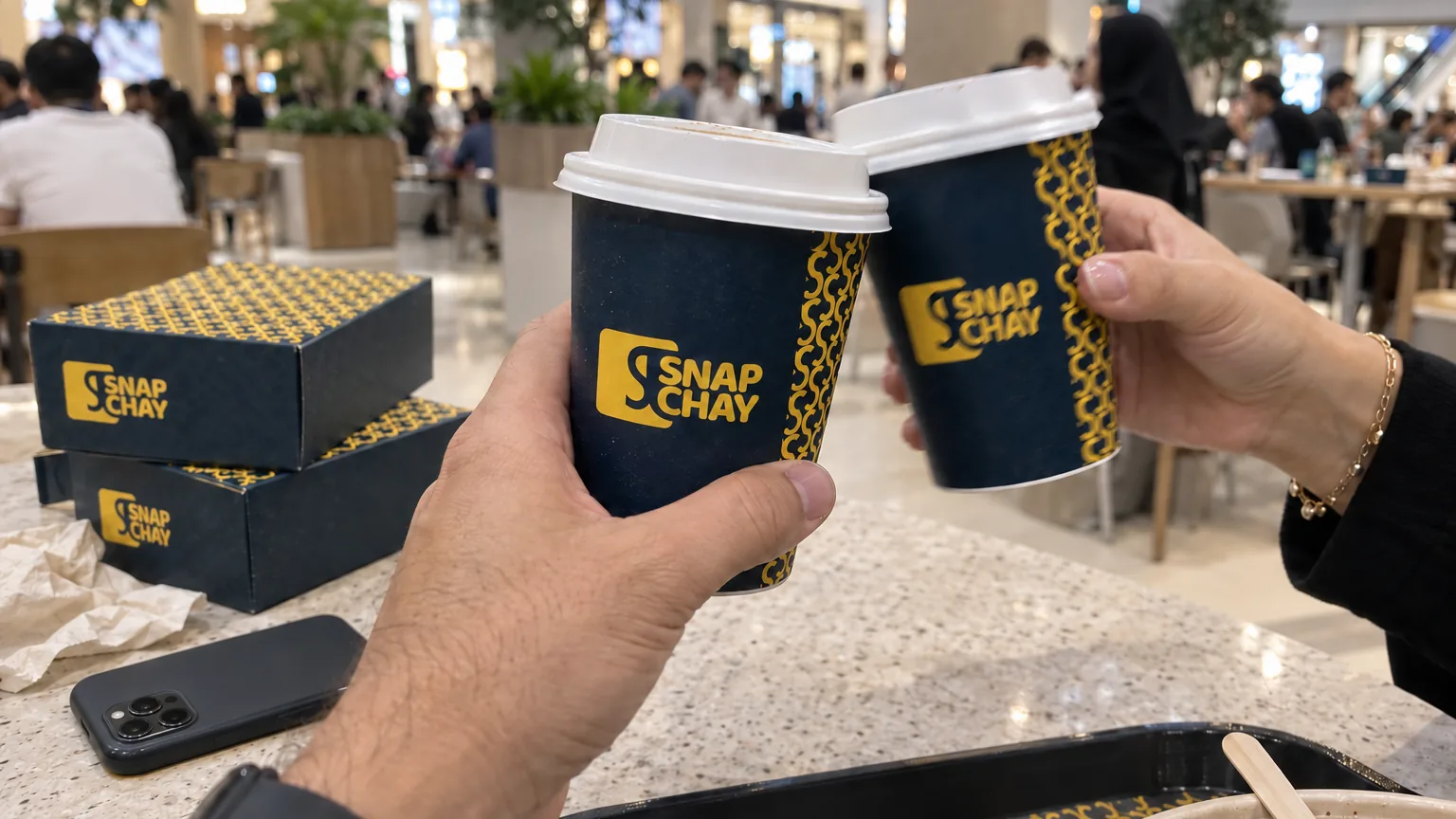 Two navy Snap Chay boxes with a yellow pattern on a food court table and two hands clinking navy Snap Chay cups.