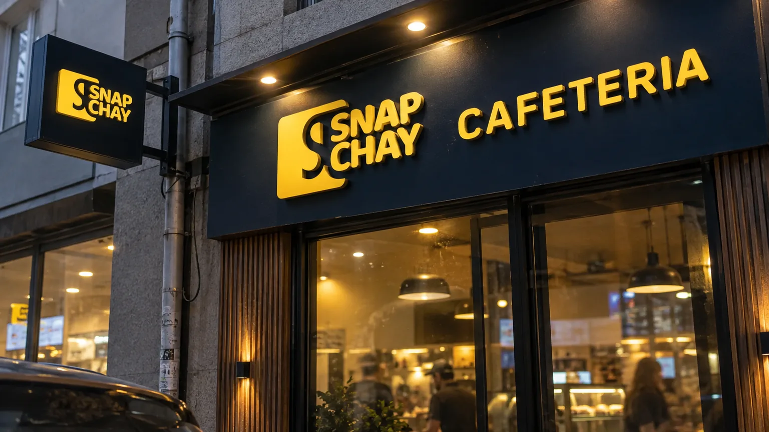 A Snap Chay shopfront at dusk with glowing yellow letters on a navy fascia and a projecting blade sign.