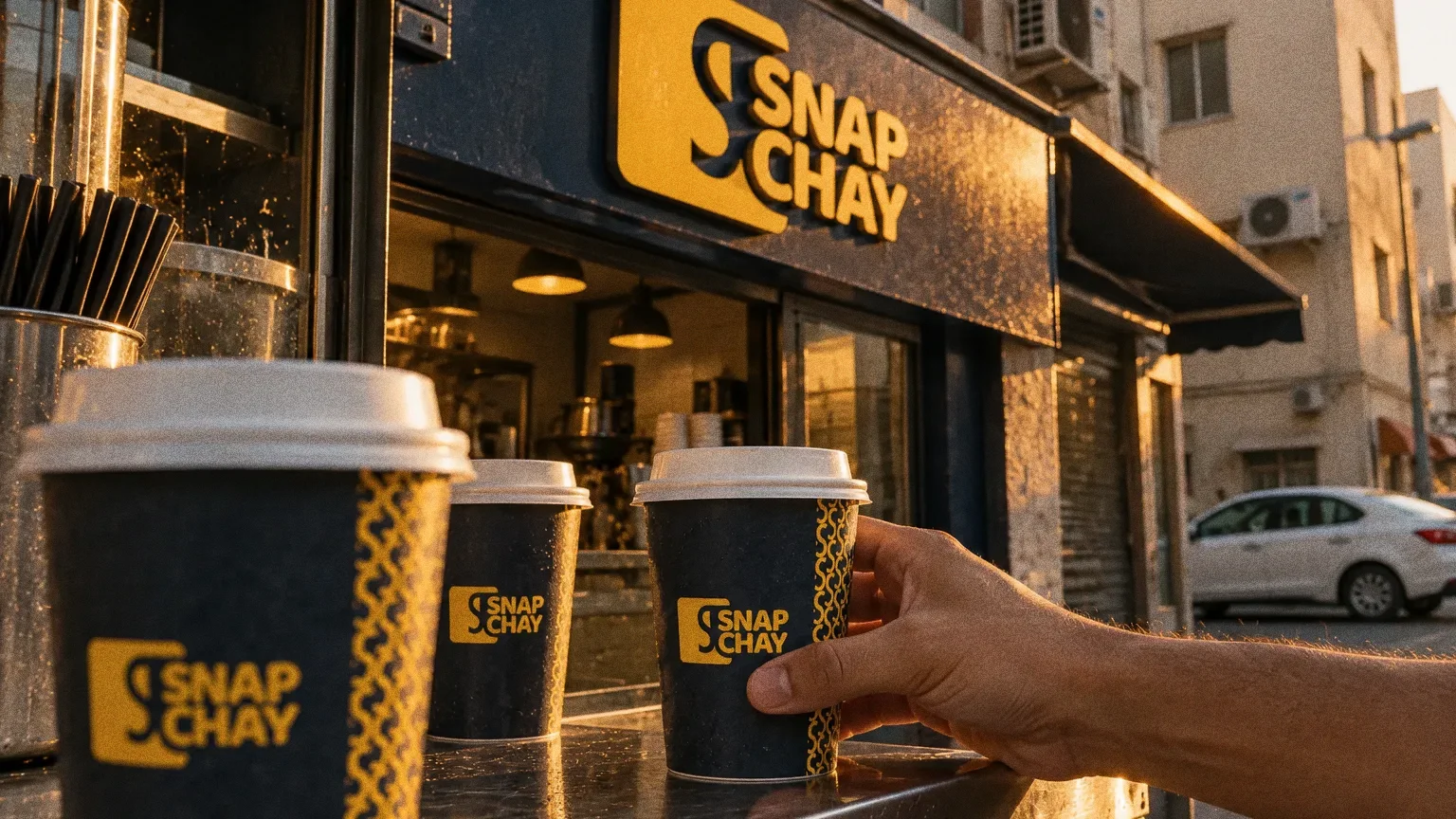 A navy Snap Chay tea shopfront at sunset in Dubai, with the yellow tile logo and wordmark on the sign and a row of navy takeaway cups on the steel counter.