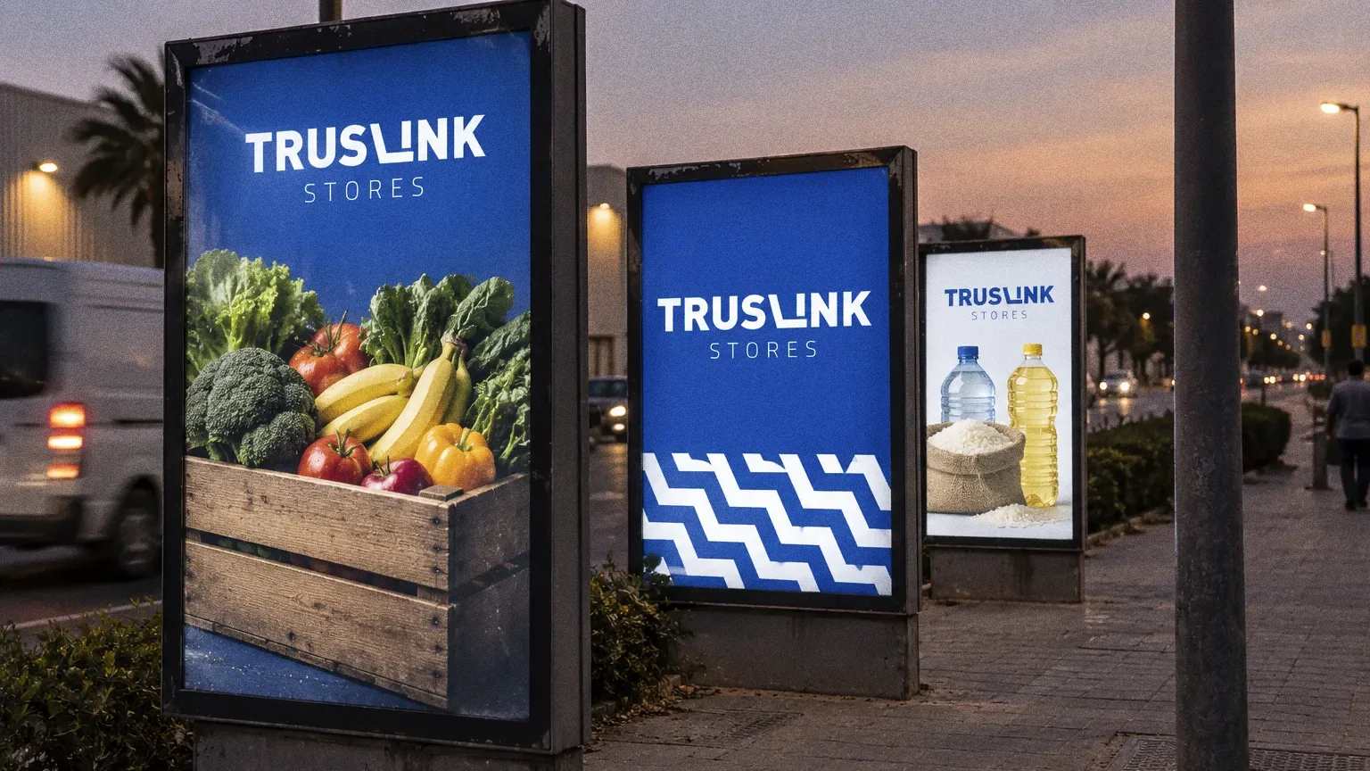 Three backlit street posters at dusk: a wooden crate of fresh produce on blue, the white zigzag pattern band under the large logo, and rice, cooking oil and water on white, each with the Truslink Stores logo.