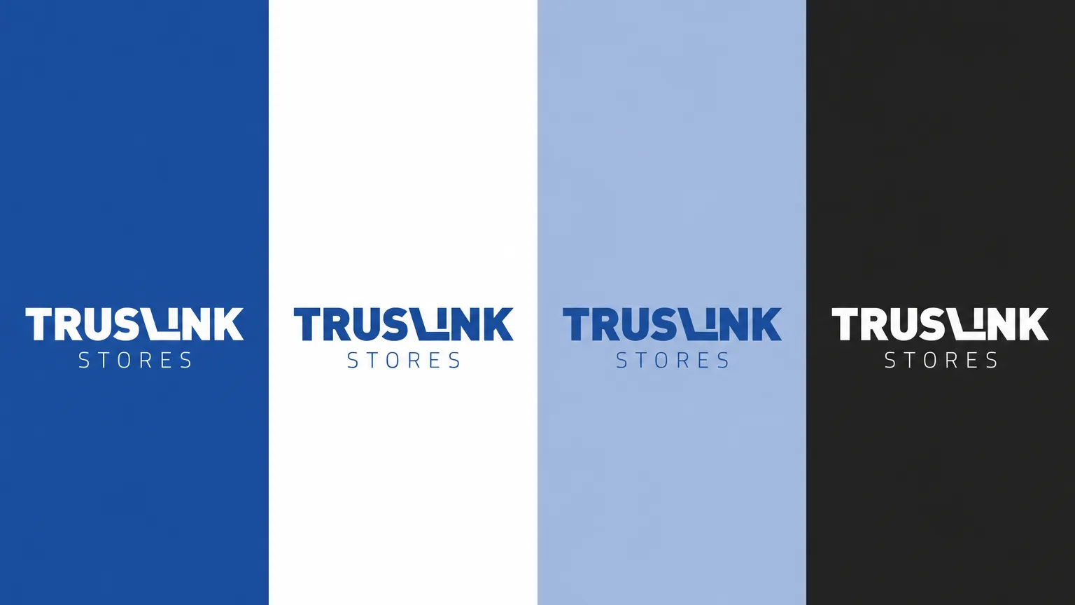 Four vertical panels in blue, white, light blue and black, each carrying the Truslink Stores logo in the readable colour.