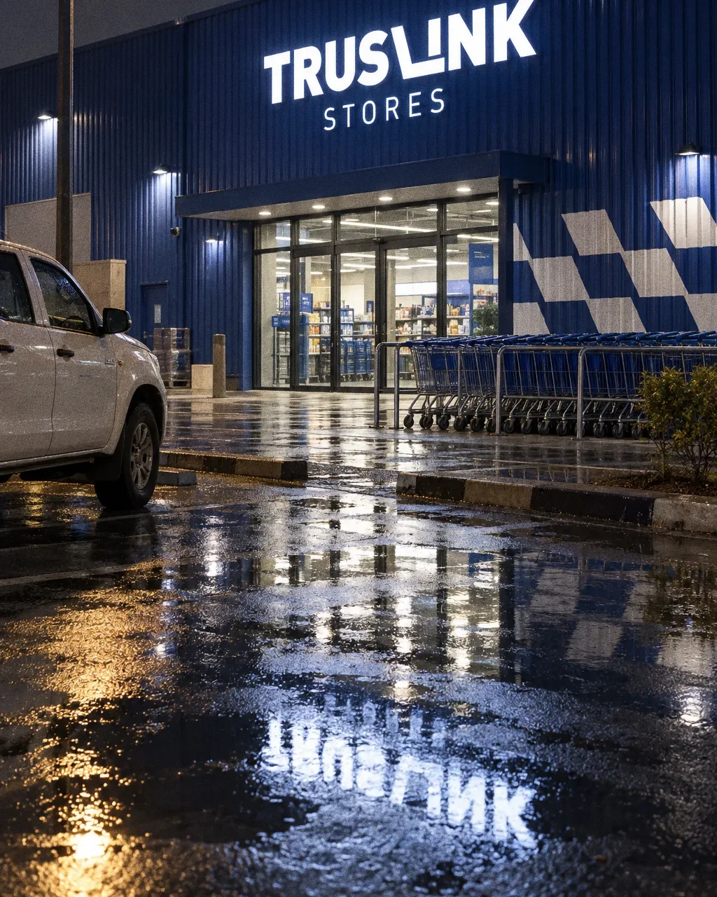 The blue corrugated Truslink Stores building at night with its illuminated white lettering, a glazed entrance, a bay of blue trolleys and a wet forecourt reflecting the light.