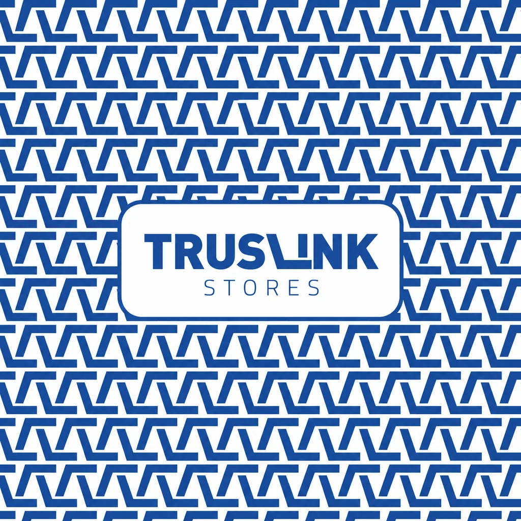 A full-bleed blue and white zigzag pattern built from the slanted L of the Truslink logo, with a white rounded label carrying the Truslink Stores logo at the centre.