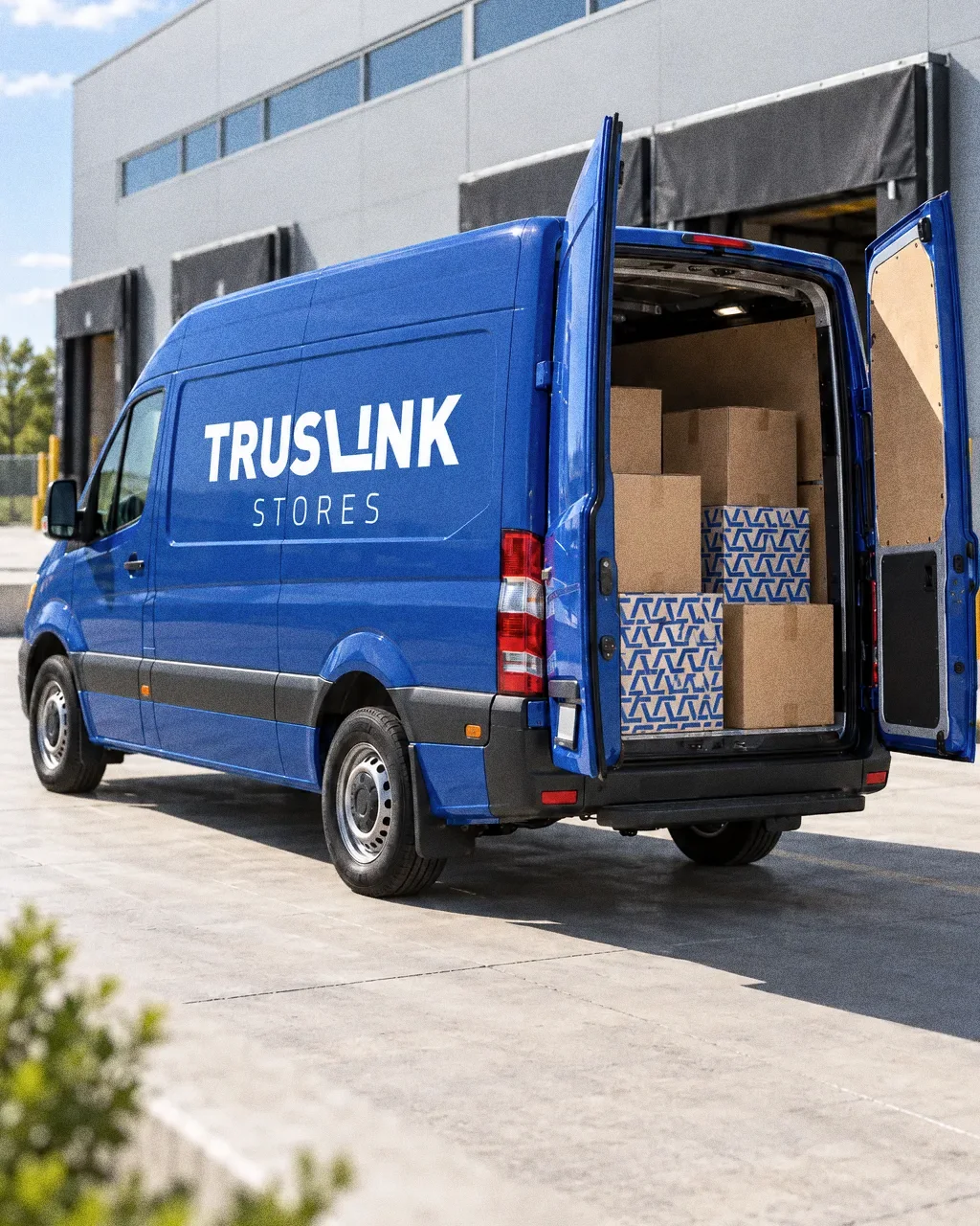 A new blue Truslink Stores delivery van with the white wordmark on its side, parked at a modern warehouse loading bay in clear morning sun with its rear doors open on stacked cartons.