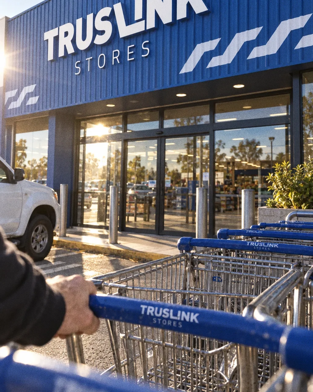 The blue corrugated front of a Truslink Stores store with large white lettering above the glass doors, and a row of blue-handled trolleys in the foreground with a hand pulling one free.