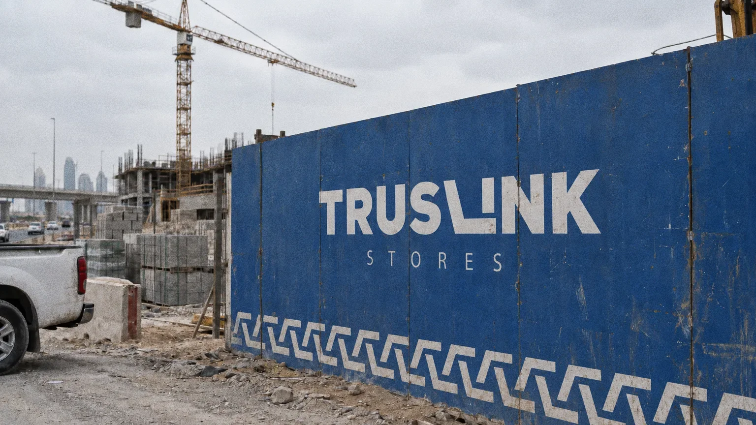 A large blue Truslink hoarding beside a dusty construction site with a crane behind.