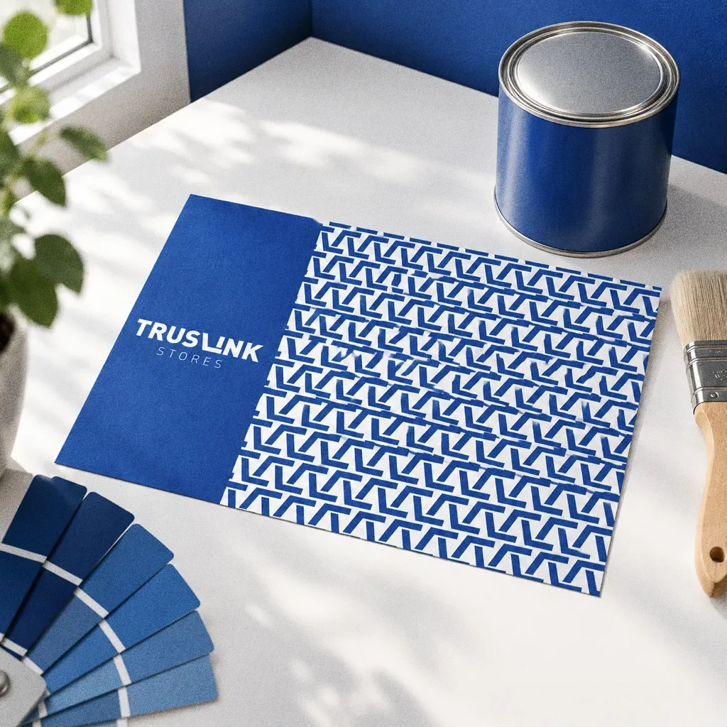 A printed Truslink zigzag pattern proof with the white wordmark, a blue swatch fan, a closed tin of blue paint and a clean brush on a bright white table.