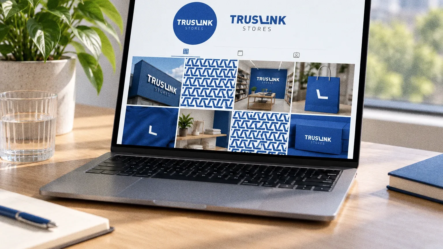 A laptop on a tidy office desk with the Truslink Stores social profile open, showing the blue logo circle, store photos and the blue zigzag pattern.