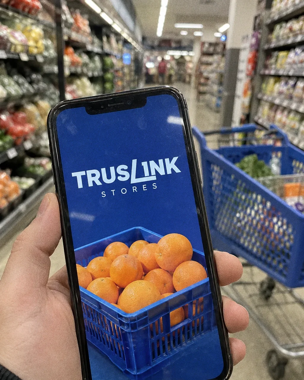 A hand holding a phone in a supermarket aisle, the screen showing a royal blue Truslink story with a crate of oranges.