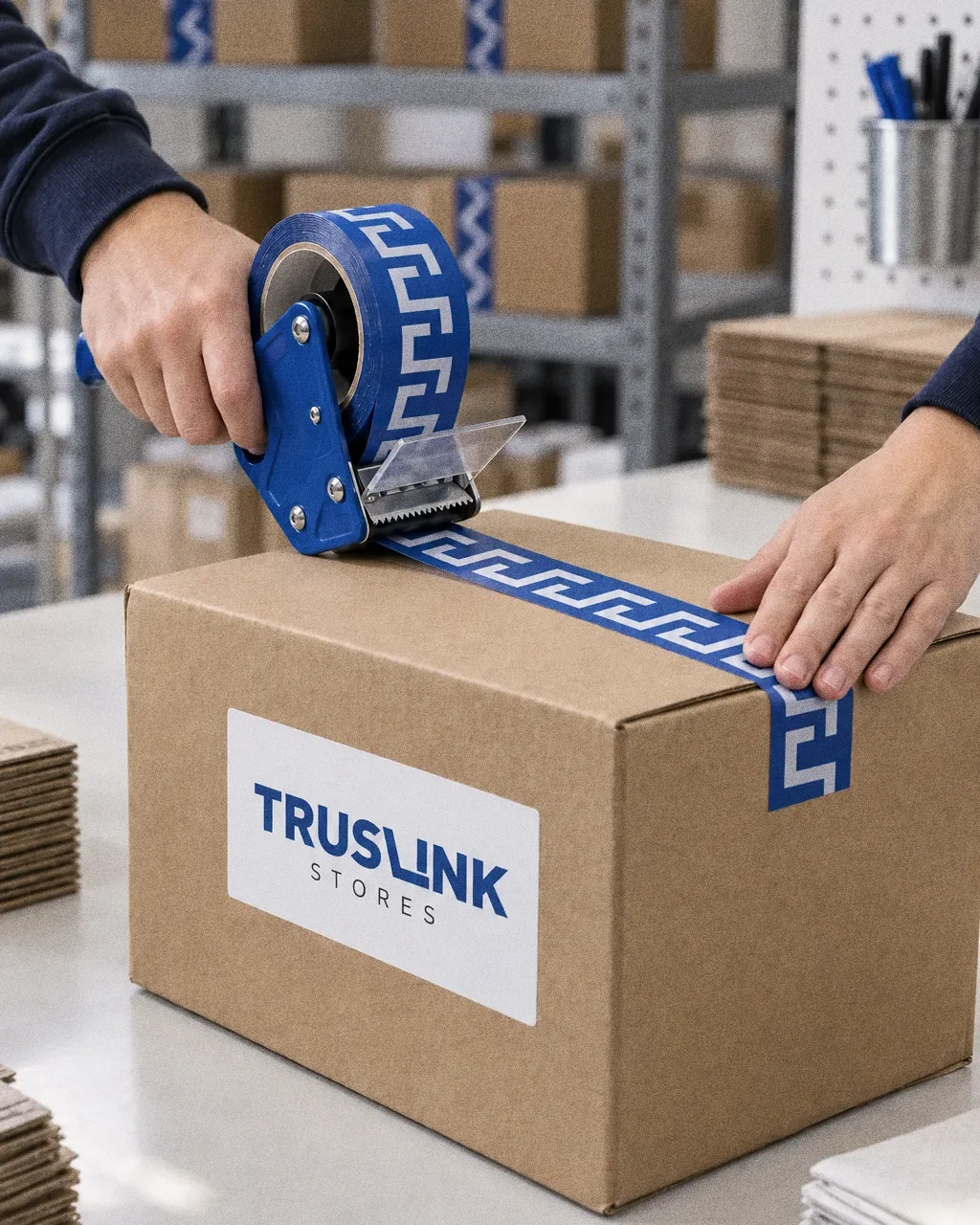 Hands sealing a new cardboard carton with a tape gun and blue Truslink pattern tape on a clean packing table, a white Truslink Stores label on the carton.