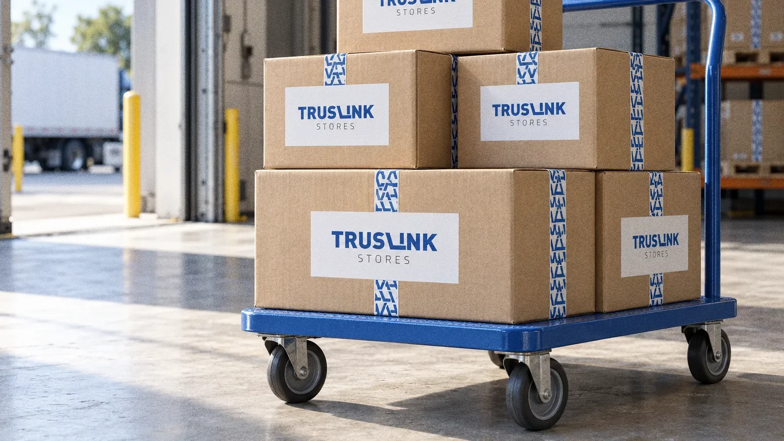 A stack of new kraft cartons with white Truslink Stores labels and blue zigzag tape on a blue flatbed trolley at a bright loading bay.