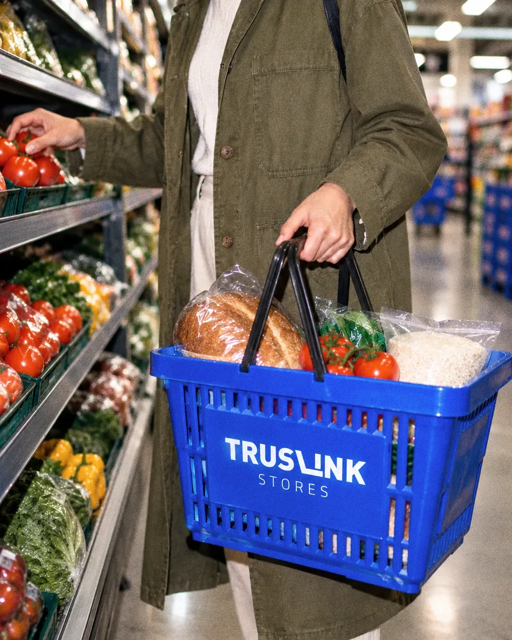 A shopper in an olive jacket seen from the chest down, carrying a blue Truslink basket of bread, tomatoes and rice while reaching for tomatoes on a shelf.