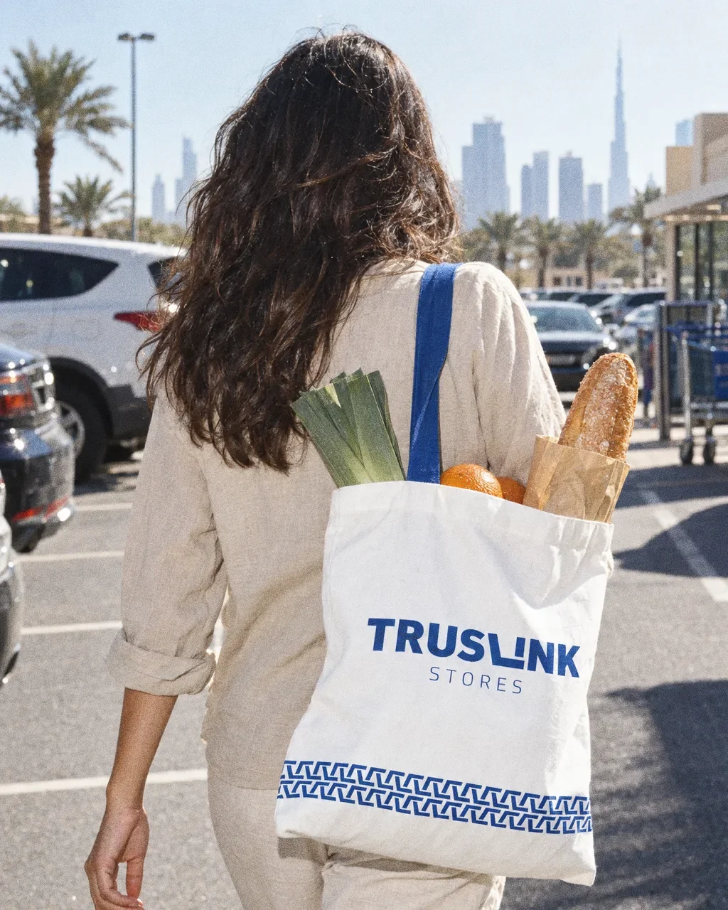 A shopper seen from behind in a sunny Dubai car park, with a white Truslink Stores tote bag over the shoulder holding a baguette, a leek and oranges.