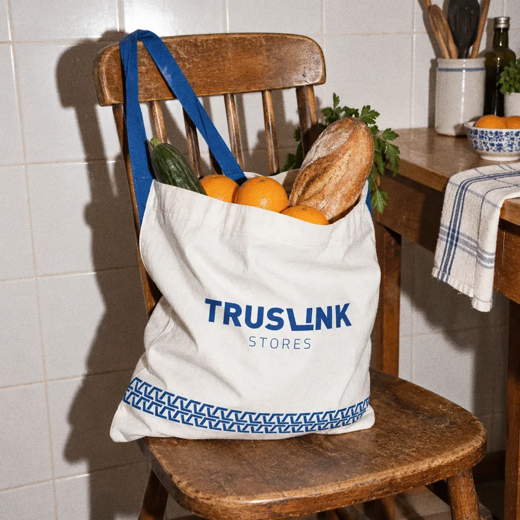 A white Truslink Stores tote bag with a blue pattern trim slumped on a wooden kitchen chair, with oranges, bread and a cucumber spilling out.