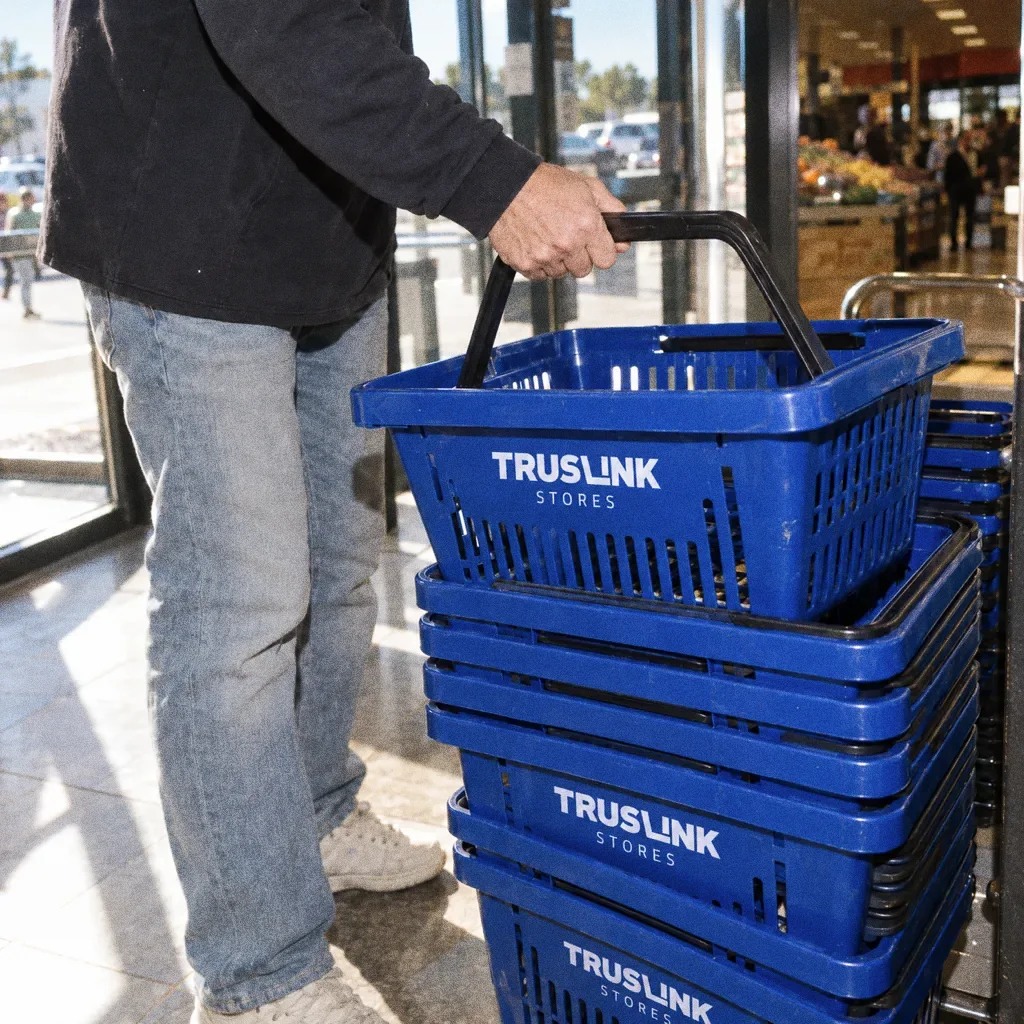 A hand lifts the top basket from a stack of blue Truslink baskets at a store entrance, with glass doors and daylight behind.