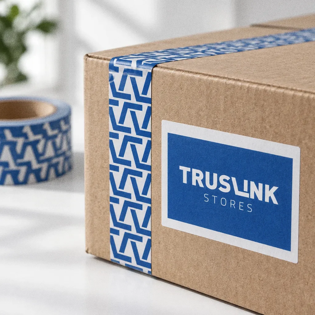 A kraft carton with a blue Truslink Stores label, sealed with white packing tape printed with the blue Truslink zigzag pattern, a roll of the tape beside it.