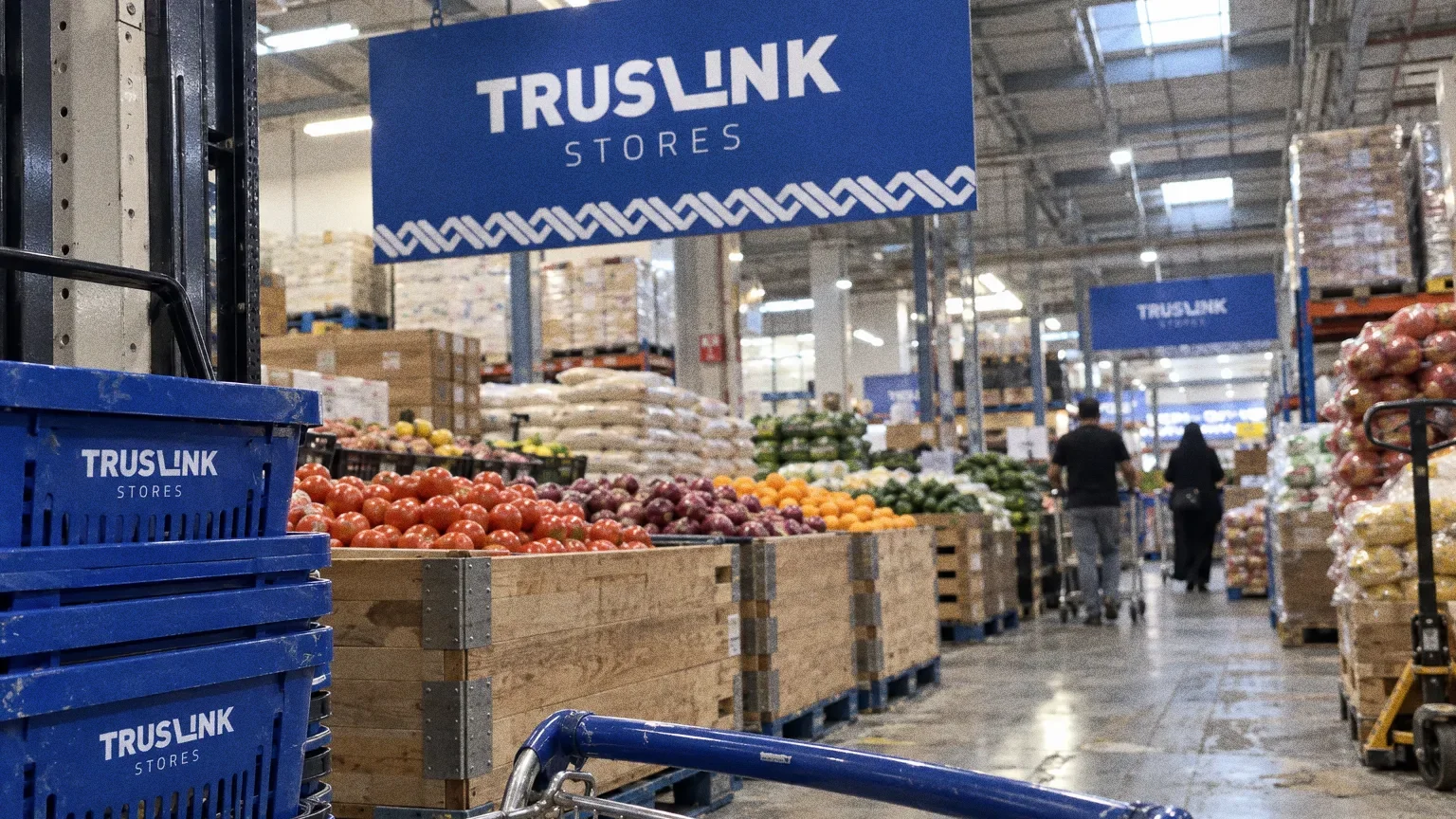 A bright cash-and-carry hall with blue hanging Truslink Stores signs, stacked blue baskets and a blue trolley in front of crates of fresh produce and sacks of grain.
