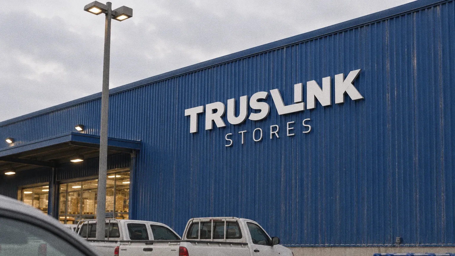 The royal blue corrugated facade of a Truslink Stores cash-and-carry with dimensional white TRUSLINK STORES lettering at blue hour.