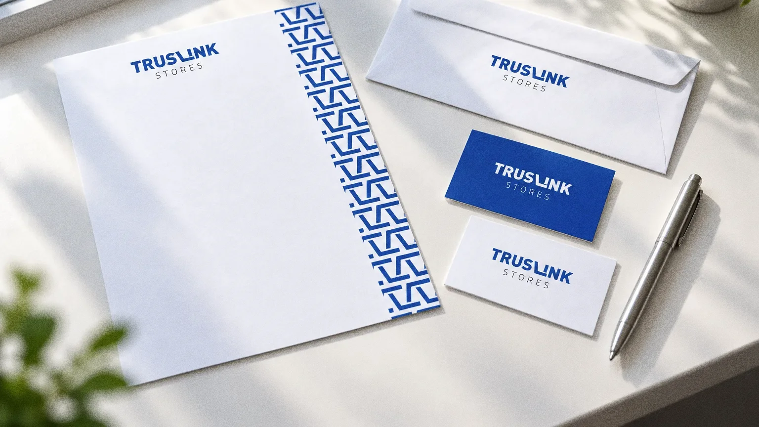 Truslink Stores letterhead, envelope and business cards with a blue pattern band, laid on a bright white desk by a window.