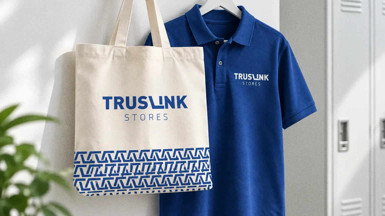 A cream canvas Truslink tote with a blue pattern hem hanging beside a blue polo shirt on a hanger against a white wall in a staff room.